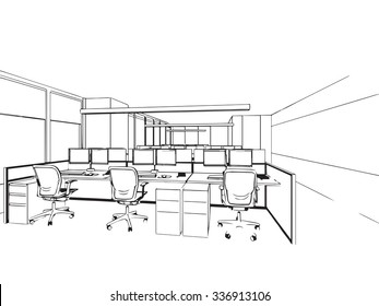 outline sketch drawing perspective of a interior space 