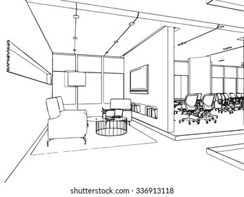 outline sketch drawing perspective of a interior space 