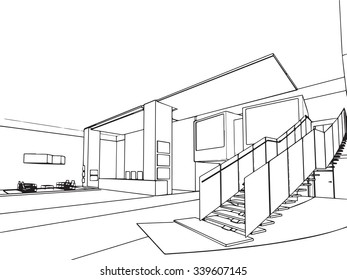outline sketch drawing perspective of an interior space 