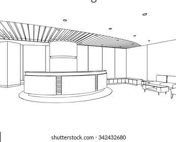 outline sketch drawing perspective of an interior space 