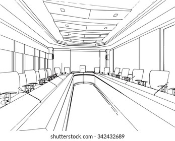 outline sketch drawing perspective of an interior space 