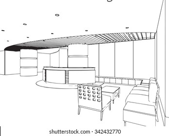 outline sketch drawing perspective of an interior space 