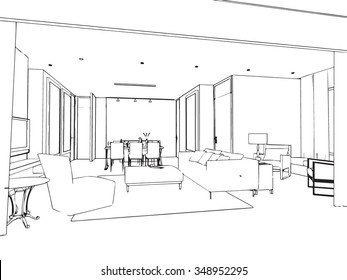 outline sketch drawing perspective of a interior space 