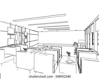 outline sketch drawing perspective of a interior space 