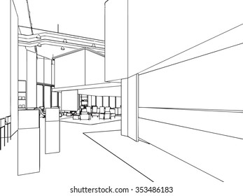 outline sketch drawing perspective of a interior space 