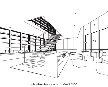 outline sketch drawing perspective of a interior space 