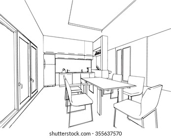 perspectiva de dibujo de esbozo de un espacio interior