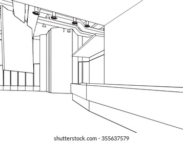outline sketch drawing perspective of a interior space 