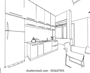 outline sketch drawing perspective of a interior space 