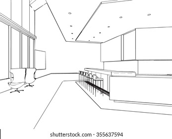 outline sketch drawing perspective of a interior space 