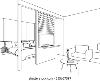 outline sketch drawing perspective of a interior space 