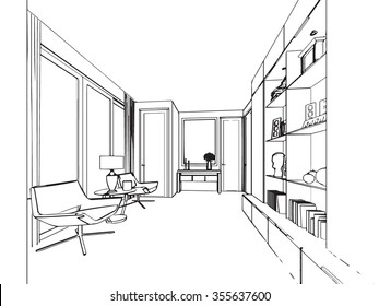 outline sketch drawing perspective of a interior space 