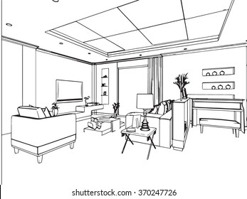 outline sketch drawing perspective of a interior space 