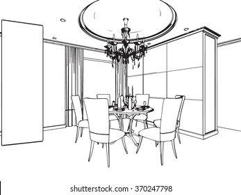 outline sketch drawing perspective of a interior space 