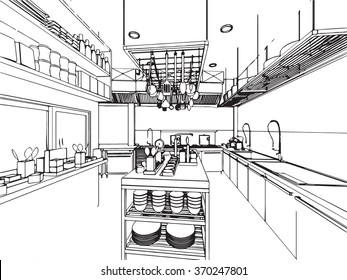 outline sketch drawing perspective of a interior space 