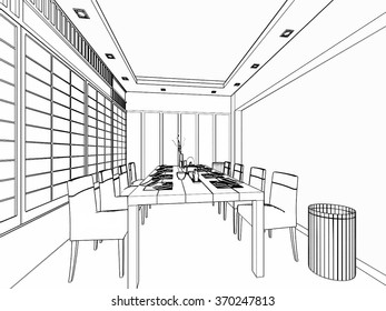 outline sketch drawing perspective of a interior space 