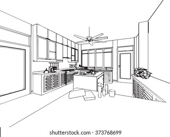 outline sketch drawing perspective of a interior space 
