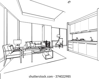 outline sketch drawing perspective of a interior space 