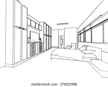 outline sketch drawing perspective of a interior space 