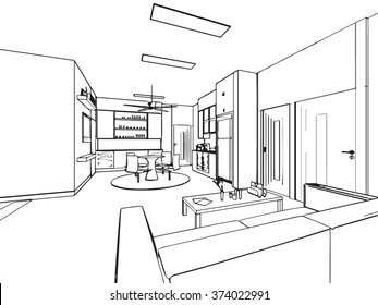 Outline Sketch Drawing Perspective Interior Space Stock Vector (Royalty ...