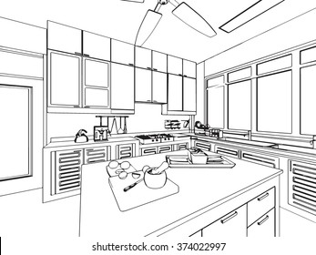 outline sketch drawing perspective of a interior space 