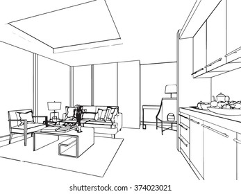 outline sketch drawing perspective of a interior space 