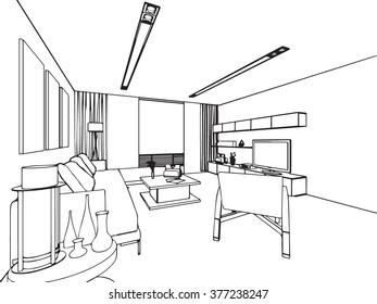 outline sketch drawing perspective of a interior space 
