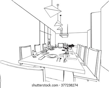 outline sketch drawing perspective of a interior space 