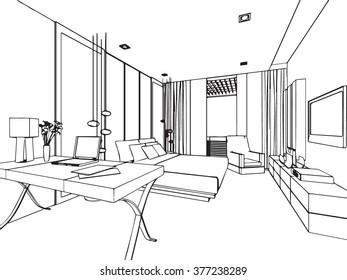 Outline Sketch Drawing Perspective Interior Space Stock Vector (Royalty ...