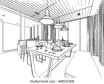 outline sketch drawing perspective of a interior space 