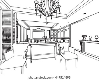 outline sketch drawing perspective of a interior space 