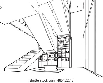 outline sketch drawing perspective of a interior space 