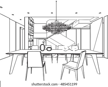 outline sketch drawing perspective of a interior space 
