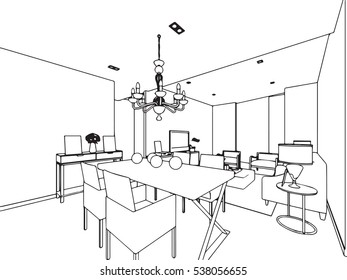 outline sketch drawing perspective of a interior space 