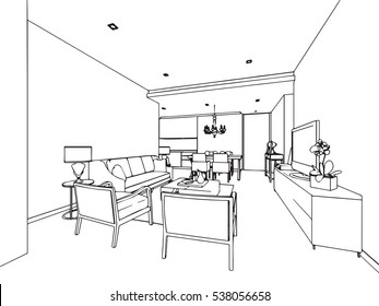 outline sketch drawing perspective of a interior space 