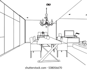 outline sketch drawing perspective of a interior space 