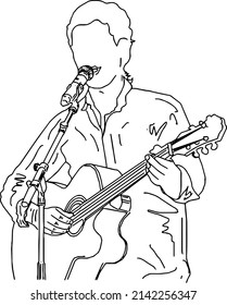 Outline sketch drawing of pop singer on microphone and playing guitar, line art illustration of singer with guitar