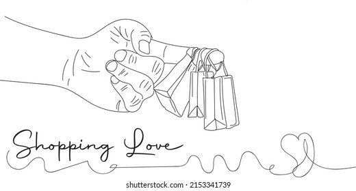 Outline sketch drawing small shopping bag hanging finger  Shopping logo  line art illustration hand holding shopping bag