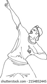 Outline sketch drawing of sportsman doing celebration of victory in stylish pose, line art illustration cricket player in funny pose
