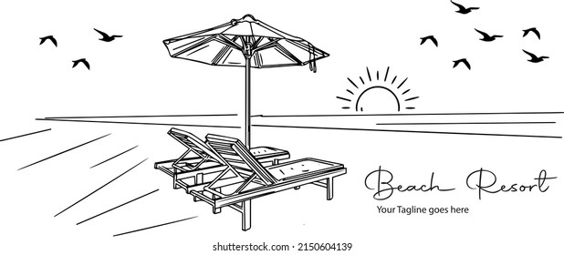 Esbozo de dibujo de dos brazos y paraguas solares en la playa, ilustración de línea de la silueta vectorial del paraguas en la playa 2 sillas