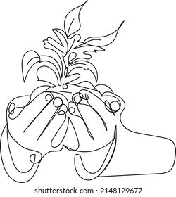 outline sketch drawing of two hand holding new plant, line art vector silhouette of hand holding green plant