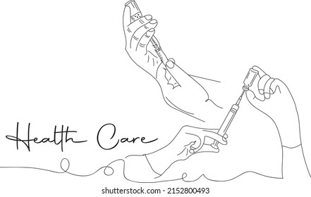 Outline Sketch Drawing Of Two Hand Holding Injection Needle, Medical Equipment Logo, Line Art Illustration Of Injection And Vial