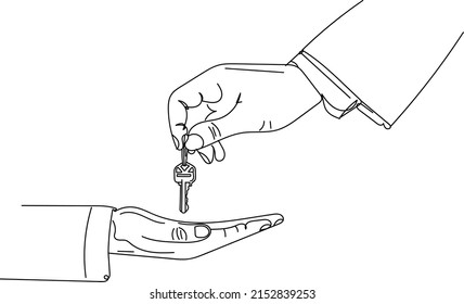 Outline sketch drawing of two hand holding car key, line art illustration vector silhouette of auto key in hand