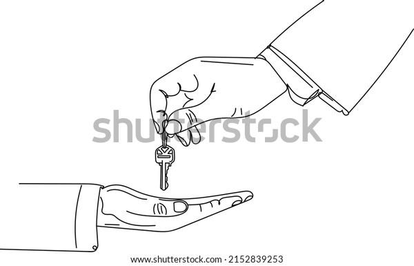 Outline sketch\
drawing of two hand holding car key, line art illustration vector\
silhouette of auto key in\
hand