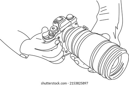 Outline sketch drawing of two hands holding zooming still photography camera, Camera logo silhouette, line art illustration of hand holding professional press photographer camera
