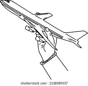 Outline sketch drawing vector of air plane in hand, Line art illustration of pair plane in hand for aviation print and logo designing