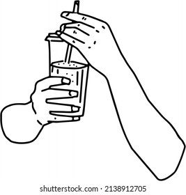 outline sketch drawing vector of hand holding cold drink container, line art illustration of hand holding cold drink bottle