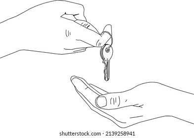 outline sketch drawing vector of hand holding key for new house opening, line art silhouette of real estate home key