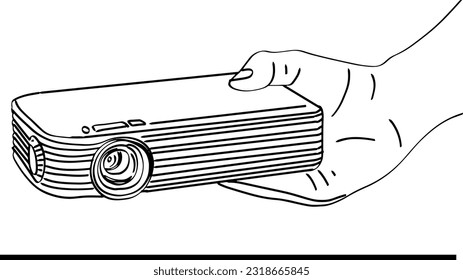 Outline Sketch Drawing Vector: Hand Holding a Portable Movie Projector, Sketch Drawing of Hand Holding a Mini Movie Projector