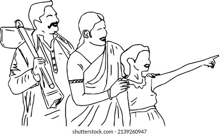 Outline Sketch Drawing Vector Of Indian Farmer Village Family, Line Art Illustration Silhouette Of Farmer Father, Daughter And Wife